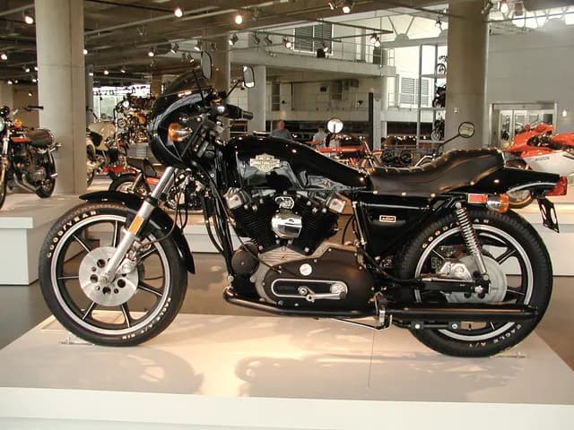 A black 1977 Harley-Davidson XLCR cafe racer on display